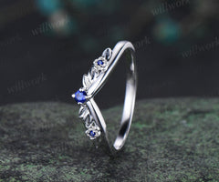 Leaf floral blue sapphire curved wedding band solid 14k white gold nature inspired three stone stacking bridal anniversary ring women gift