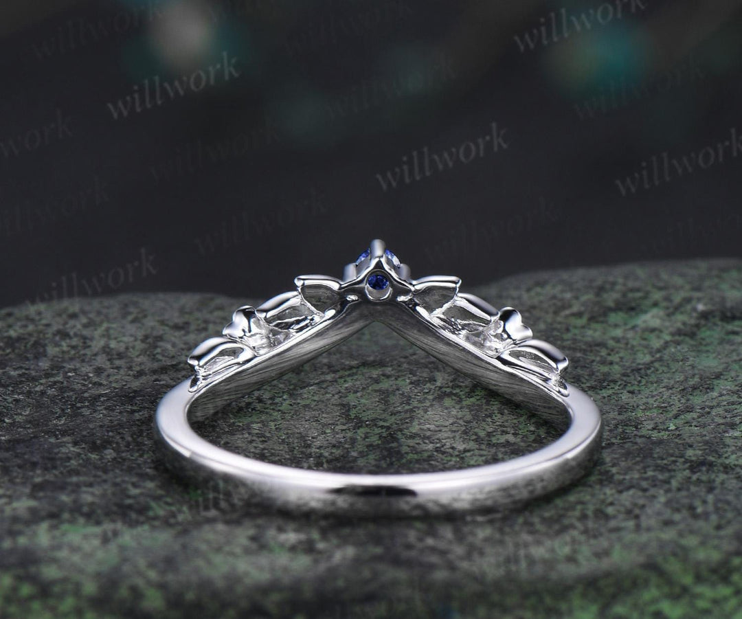 Leaf floral blue sapphire curved wedding band solid 14k white gold nature inspired three stone stacking bridal anniversary ring women gift