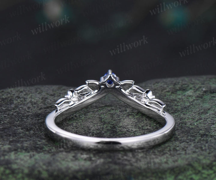 Leaf floral blue sapphire curved wedding band solid 14k white gold nature inspired three stone stacking bridal anniversary ring women gift