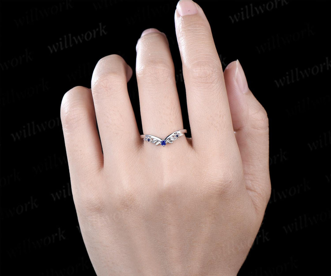 Leaf floral blue sapphire curved wedding band solid 14k white gold nature inspired three stone stacking bridal anniversary ring women gift