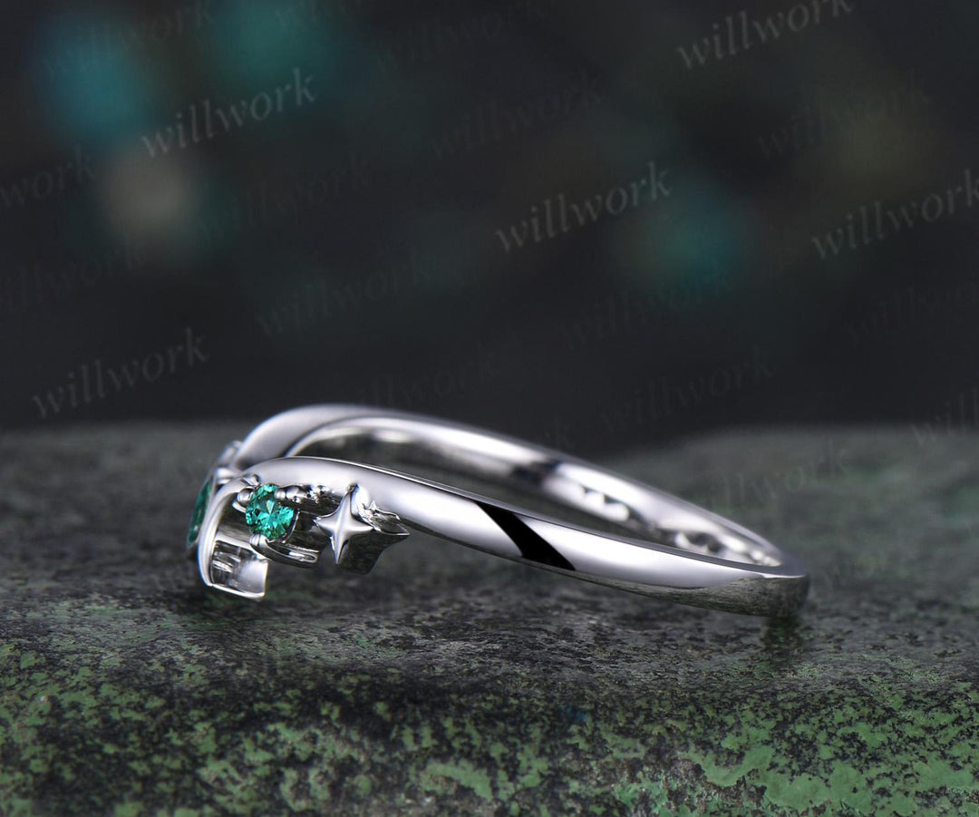 Moon star bezel emerald curved wedding band solid 14k white gold sun three stone stacking bridal anniversary ring women gift