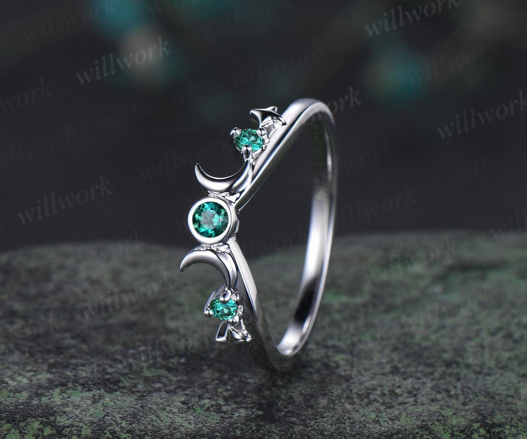 Moon star bezel emerald curved wedding band solid 14k white gold sun three stone stacking bridal anniversary ring women gift