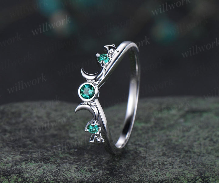 Moon star bezel emerald curved wedding band solid 14k white gold sun three stone stacking bridal anniversary ring women gift