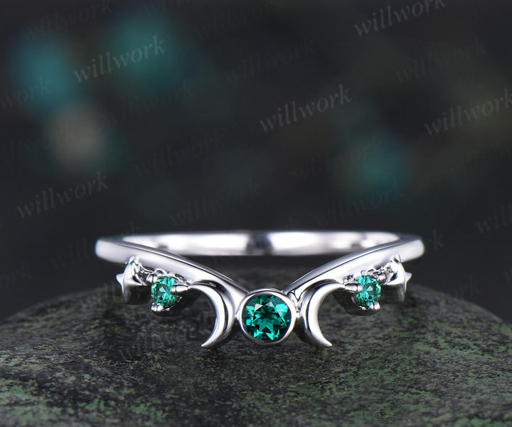Moon star bezel emerald curved wedding band solid 14k white gold sun three stone stacking bridal anniversary ring women gift
