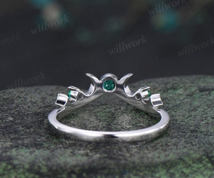 Moon star bezel emerald curved wedding band solid 14k white gold sun three stone stacking bridal anniversary ring women gift