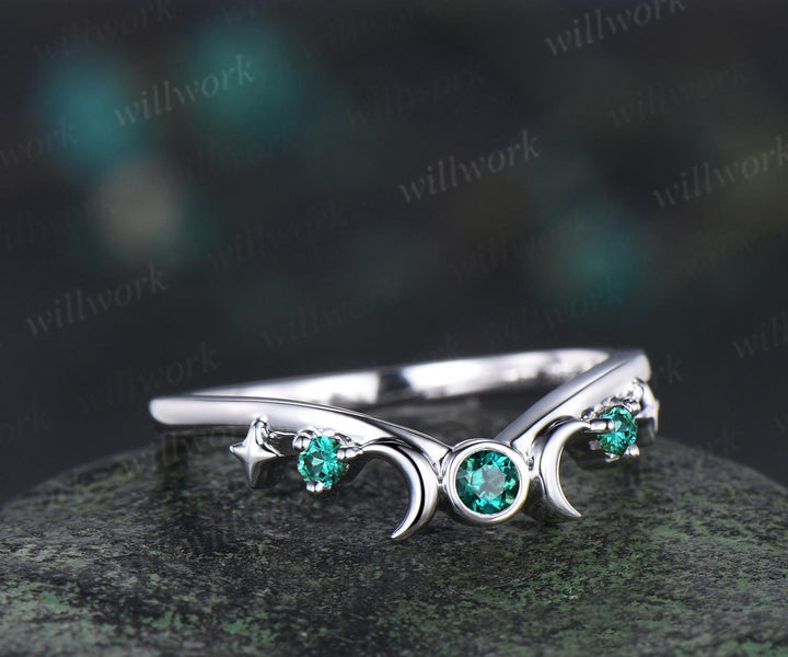 Moon star bezel emerald curved wedding band solid 14k white gold sun three stone stacking bridal anniversary ring women gift