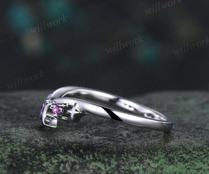 Moon star bezel amethyst curved wedding band solid 14k white gold sun three stone stacking dainty bridal anniversary ring women gift