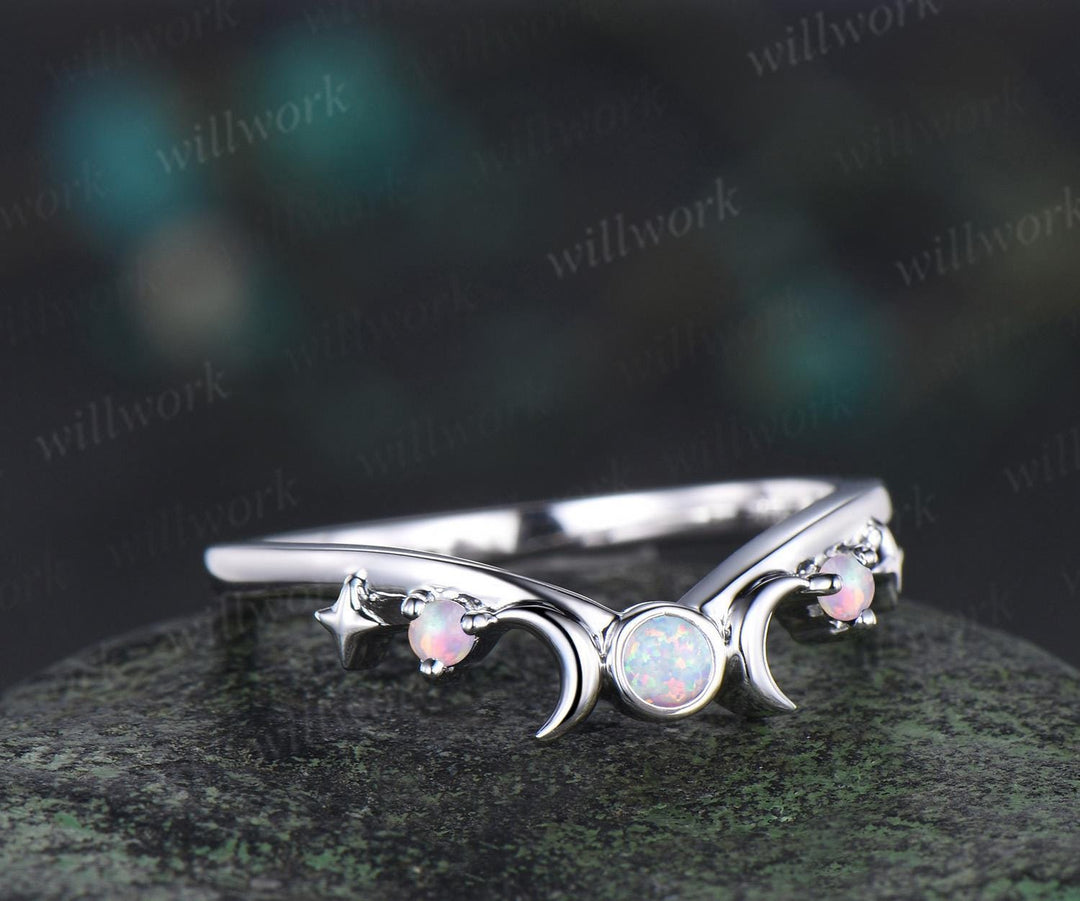Moon star bezel white opal curved wedding band solid 14k white gold sun three stone stacking dainty bridal anniversary ring band women gift
