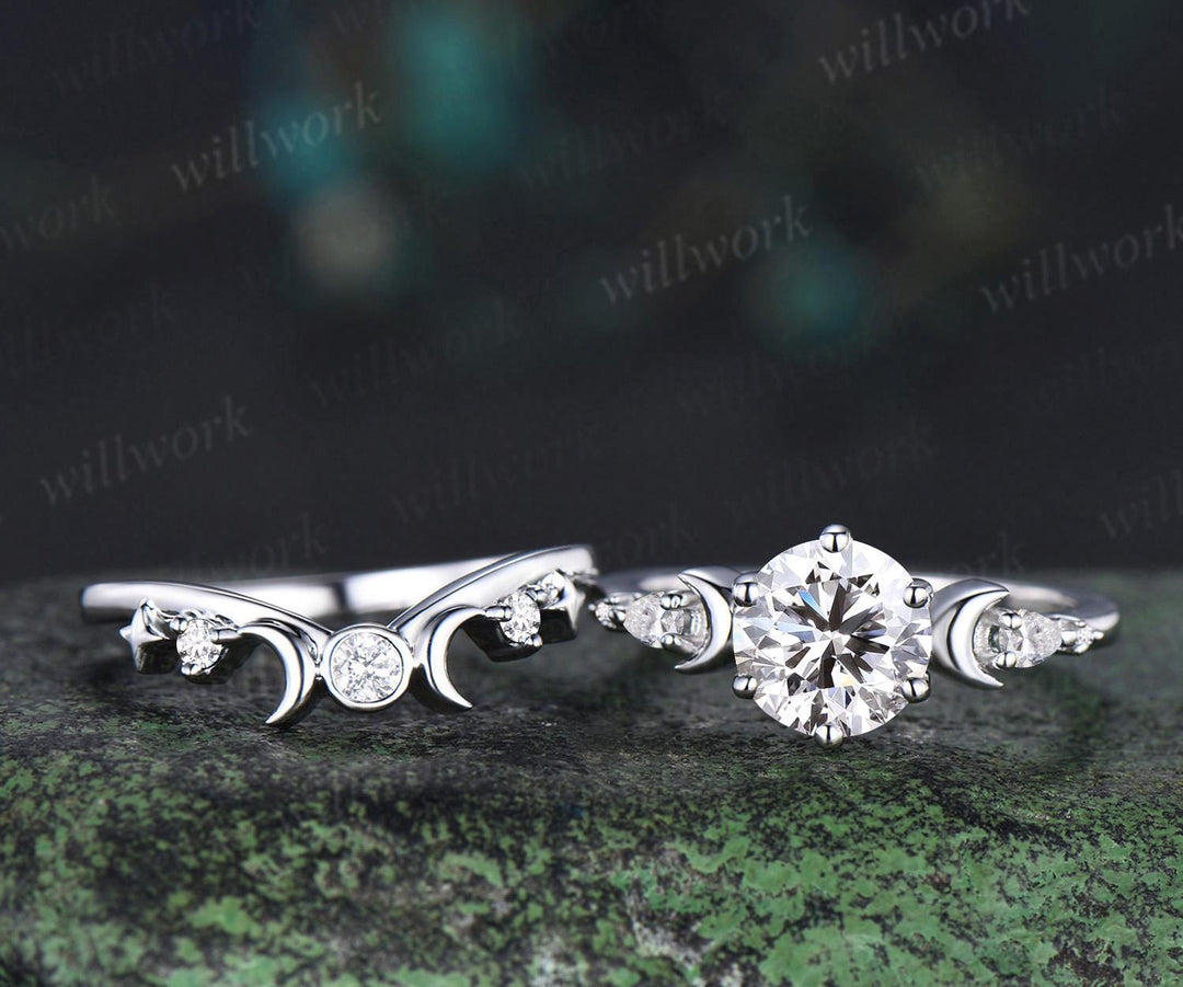 Vintage round IGI lab grown diamond engagement ring set white gold sun moon star moissanite ring unique promise wedding ring women jewelry