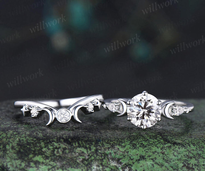 Vintage round IGI lab grown diamond engagement ring set white gold sun moon star moissanite ring unique promise wedding ring women jewelry
