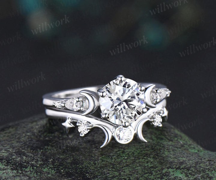 Vintage round IGI lab grown diamond engagement ring set white gold sun moon star moissanite ring unique promise wedding ring women jewelry