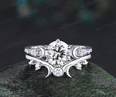 Vintage round IGI lab grown diamond engagement ring set white gold sun moon star moissanite ring unique promise wedding ring women jewelry