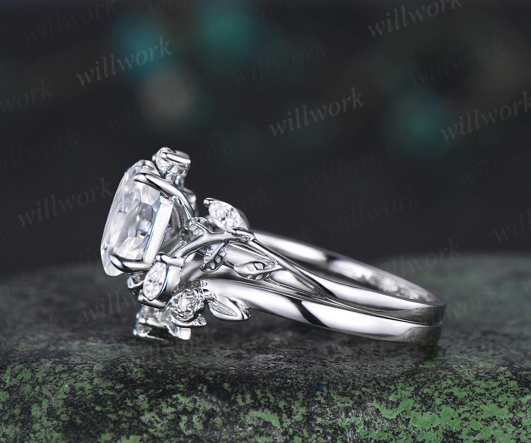 Vintage oval IGI lab grown diamond engagement ring set white gold leaf floral cluster moissanite ring unique promise wedding ring women jewelry