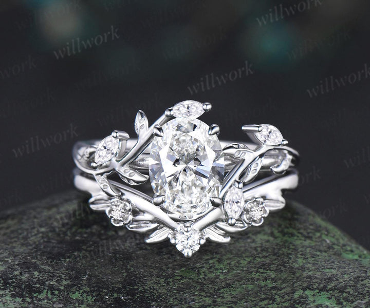 Vintage oval IGI lab grown diamond engagement ring set white gold leaf floral cluster moissanite ring unique promise wedding ring women jewelry