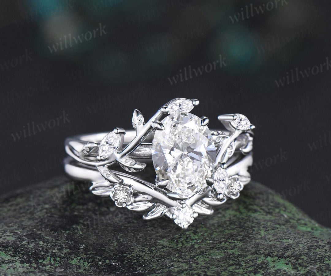 Vintage oval IGI lab grown diamond engagement ring set white gold leaf floral cluster moissanite ring unique promise wedding ring women jewelry