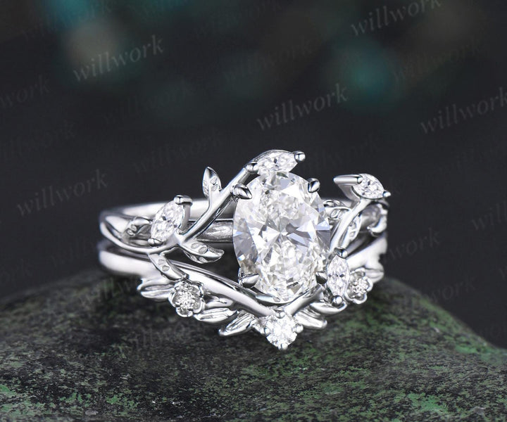 Vintage oval IGI lab grown diamond engagement ring set white gold leaf floral cluster moissanite ring unique promise wedding ring women jewelry