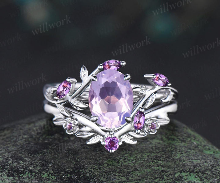 Vintage oval cut Lavender Amethyst engagement ring set white gold cluster leaf floral nature inspired crystal bridal wedding ring set women