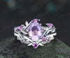 Vintage oval cut Lavender Amethyst engagement ring set white gold cluster leaf floral nature inspired crystal bridal wedding ring set women