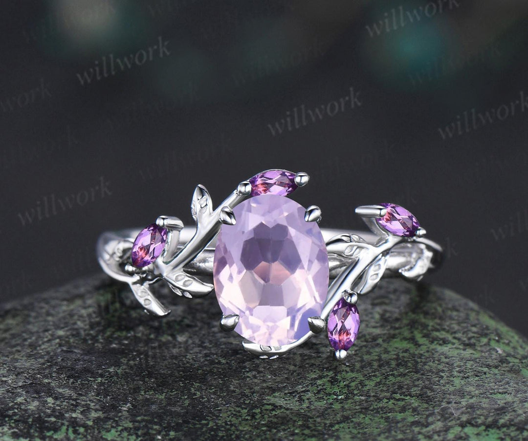 Vintage oval cut Lavender Amethyst engagement ring set white gold cluster leaf floral nature inspired crystal bridal wedding ring set women