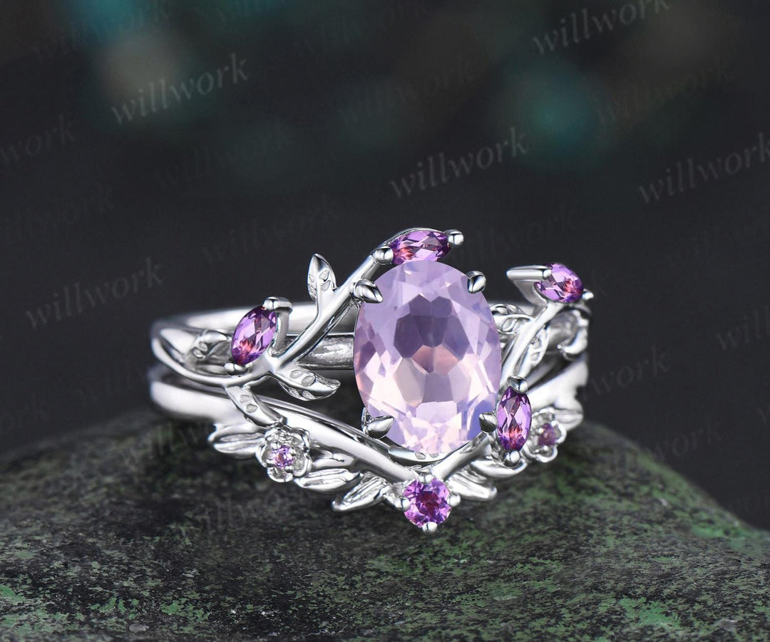 Vintage oval cut Lavender Amethyst engagement ring set white gold cluster leaf floral nature inspired crystal bridal wedding ring set women