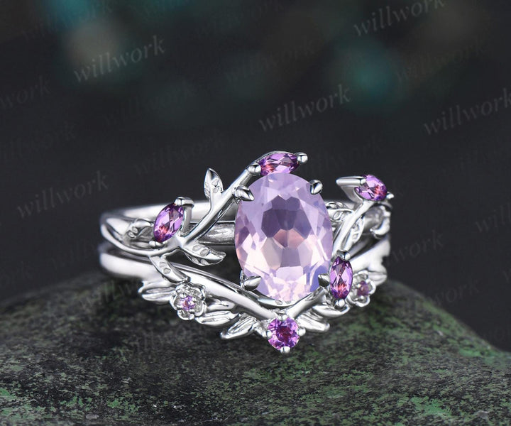 Vintage oval cut Lavender Amethyst engagement ring set white gold cluster leaf floral nature inspired crystal bridal wedding ring set women