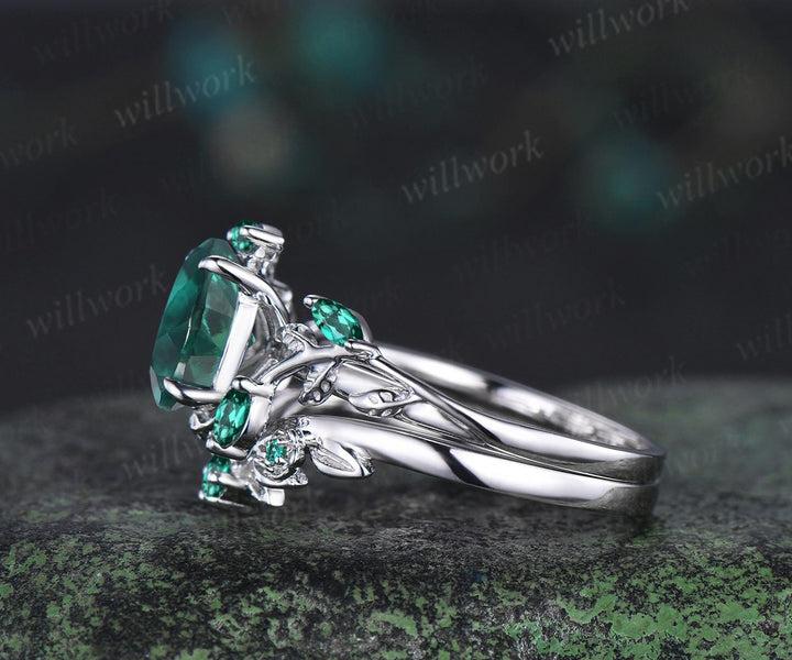Vintage oval cut green emerald engagement ring set 14k white gold cluster leaf floral nature inspired retro bridal wedding ring set women