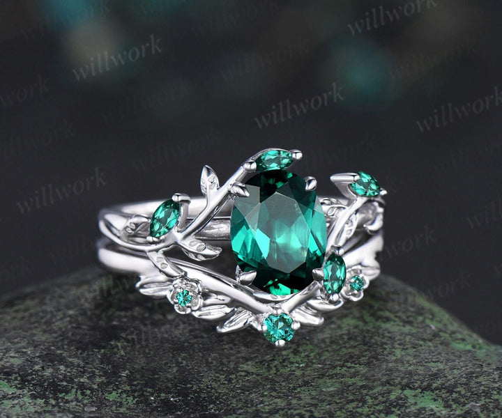 Vintage oval cut green emerald engagement ring set 14k white gold cluster leaf floral nature inspired retro bridal wedding ring set women