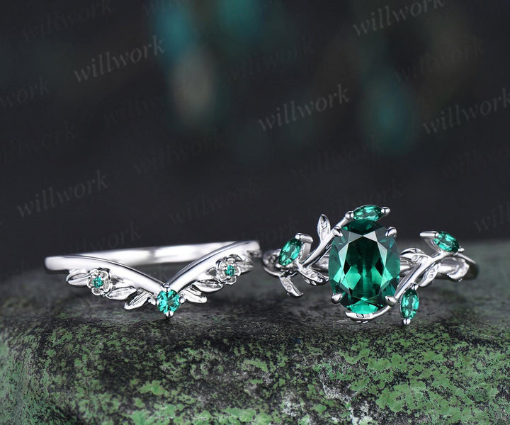 Vintage oval cut green emerald engagement ring set 14k white gold cluster leaf floral nature inspired retro bridal wedding ring set women