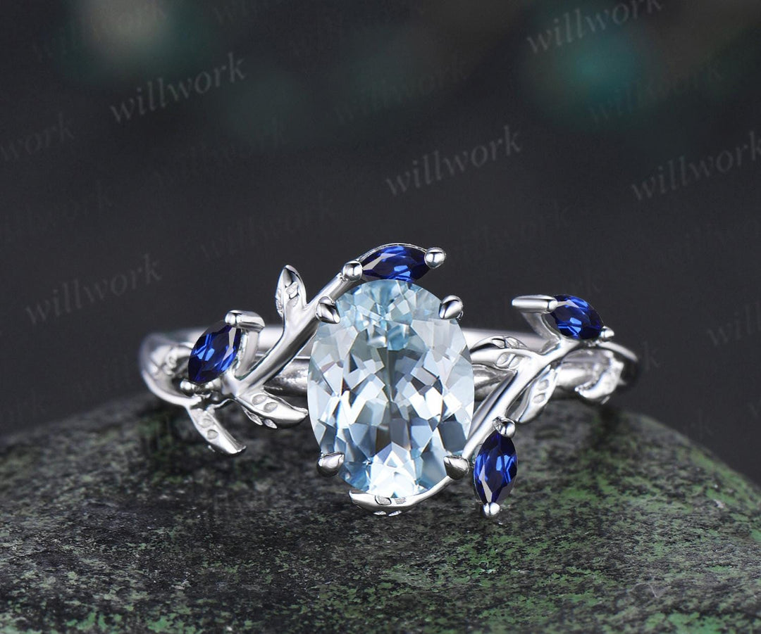 Oval aquamarine ring vintage white gold leaf floral nature inspired engagement ring set cluster sapphire wedding promise ring women jewelry