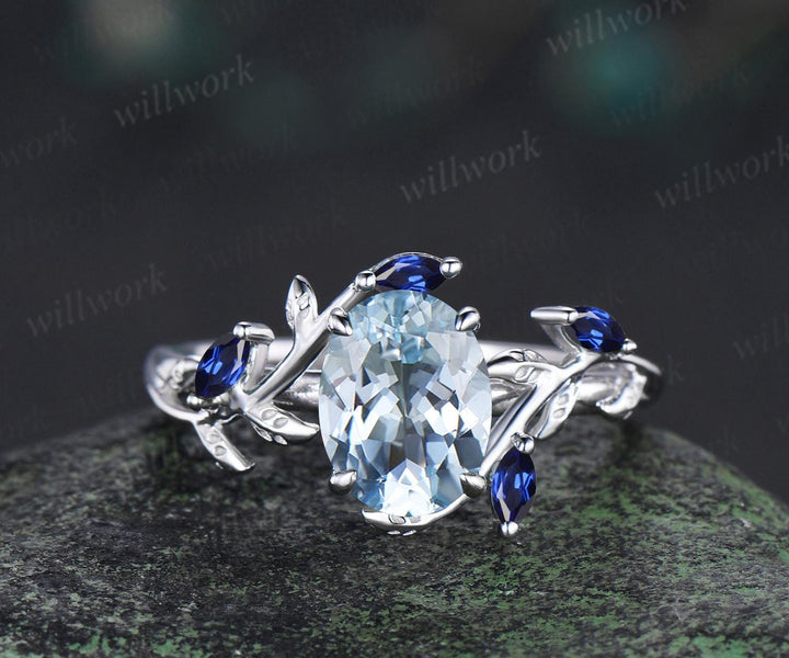 Oval aquamarine ring vintage white gold leaf floral nature inspired engagement ring set cluster sapphire wedding promise ring women jewelry