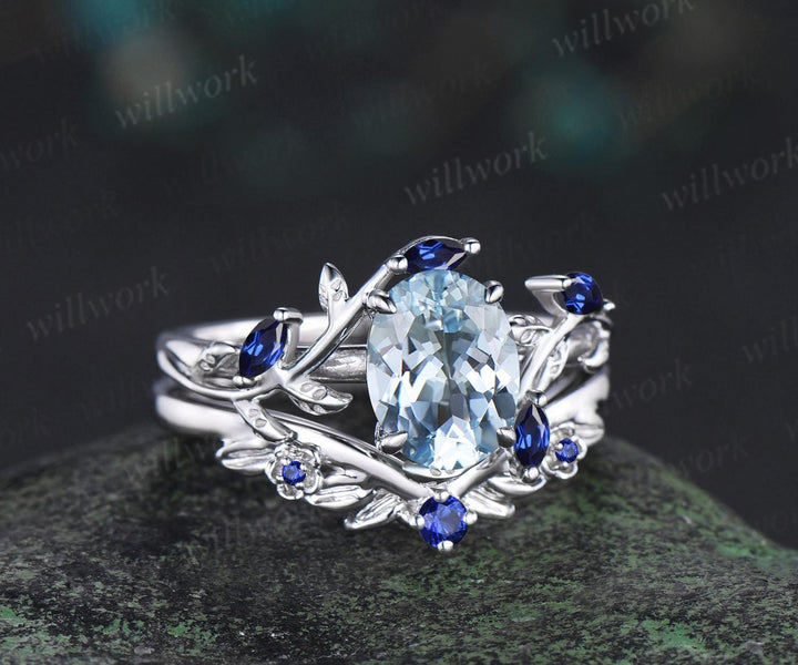 Oval aquamarine ring vintage white gold leaf floral nature inspired engagement ring set cluster sapphire wedding promise ring women jewelry