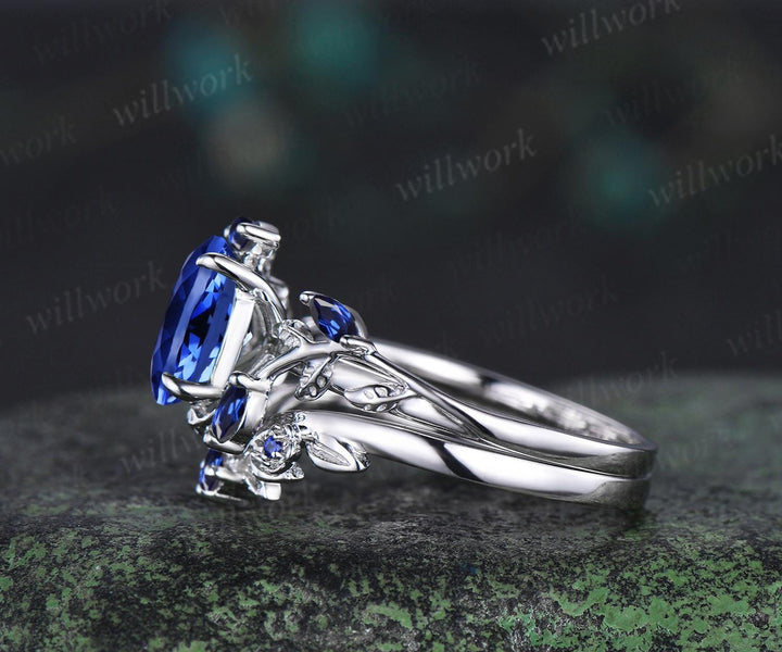 Oval cut blue sapphire ring vintage white gold leaf floral nature inspired engagement ring set blue gemstone bridal ring set women jewelry