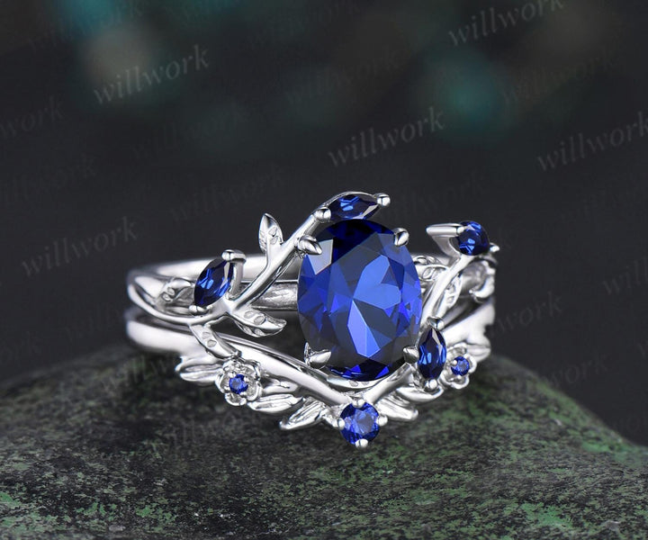 Oval cut blue sapphire ring vintage white gold leaf floral nature inspired engagement ring set blue gemstone bridal ring set women jewelry