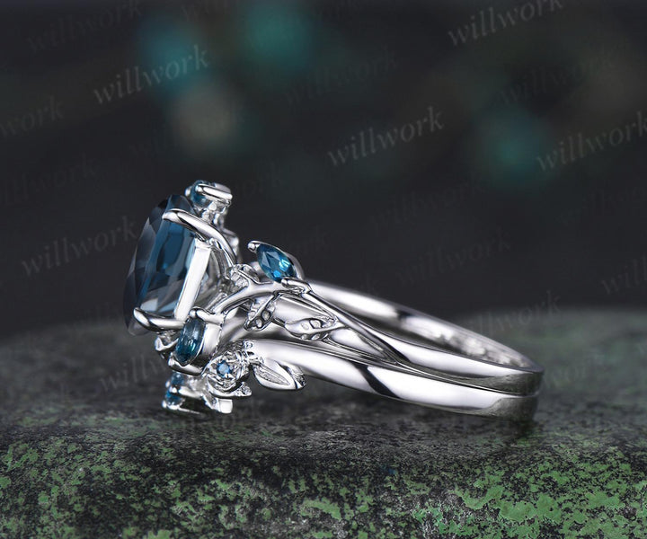 Oval cut London blue topaz engagement ring set solid 14k 18k white gold nature inspired blue gemstone silver ring anniversary gift for women