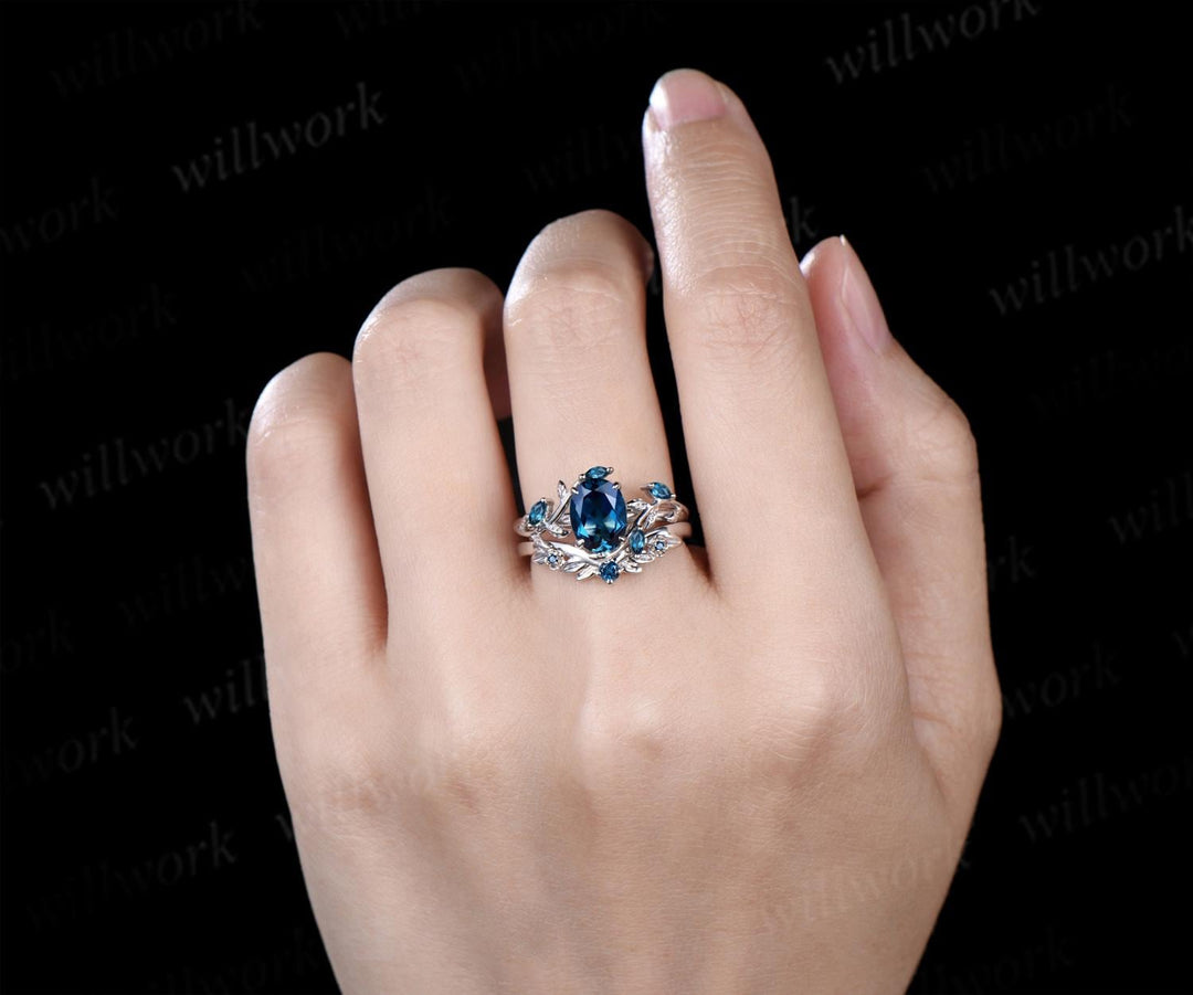 Oval cut London blue topaz engagement ring set solid 14k 18k white gold nature inspired blue gemstone silver ring anniversary gift for women