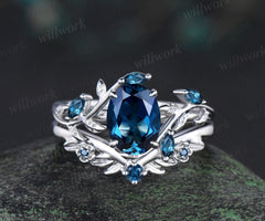 Oval cut London blue topaz engagement ring set solid 14k 18k white gold nature inspired blue gemstone silver ring anniversary gift for women