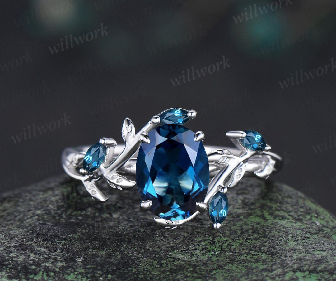 Oval cut London blue topaz engagement ring set solid 14k 18k white gold nature inspired blue gemstone silver ring anniversary gift for women