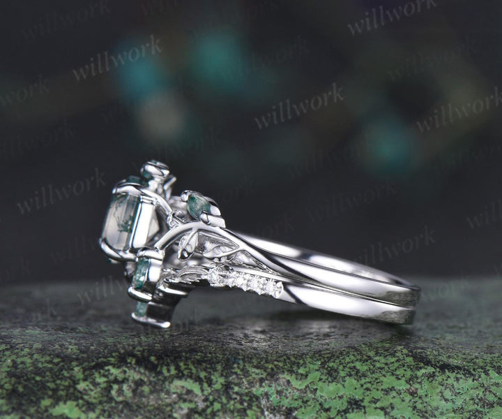 Vintage hexagon cut green moss agate engagement ring set white gold cluster leaf nature inspired bridal promise wedding ring set women