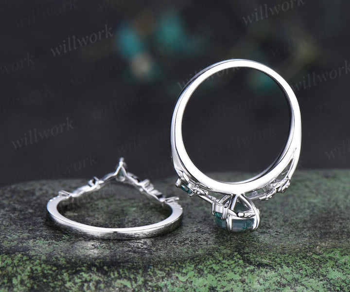 Vintage hexagon cut green moss agate engagement ring set white gold cluster leaf nature inspired bridal promise wedding ring set women