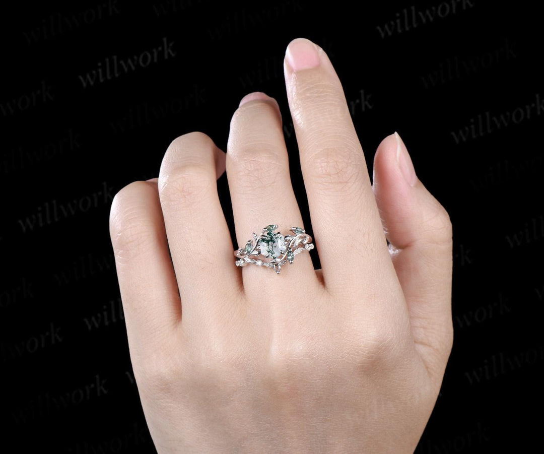 Vintage hexagon cut green moss agate engagement ring set white gold cluster leaf nature inspired bridal promise wedding ring set women