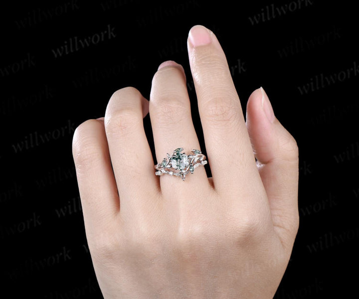 Vintage hexagon cut green moss agate engagement ring set white gold cluster leaf nature inspired bridal promise wedding ring set women