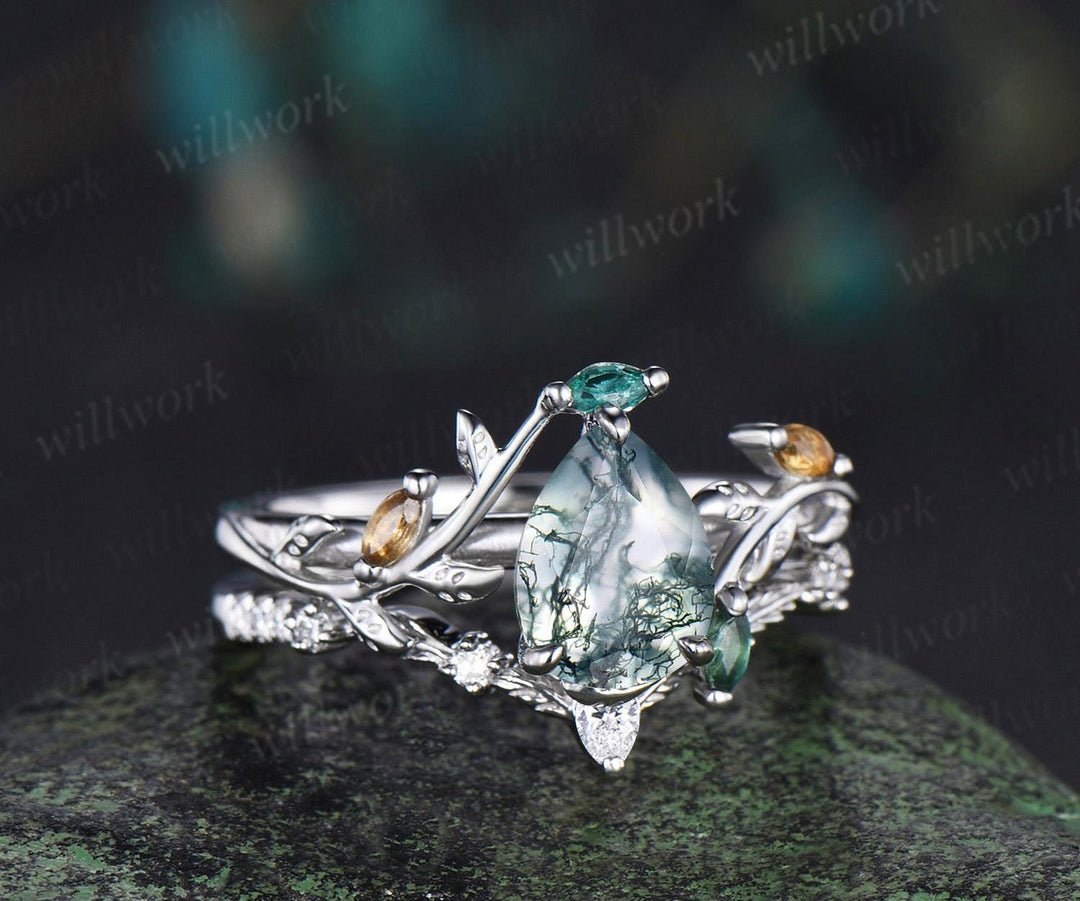 Pear shaped natural moss agate engagement ring emerald citrine cluster leaf nature inspired bridal anniversary ring set women gift silver