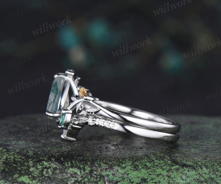 Pear shaped natural moss agate engagement ring emerald citrine cluster leaf nature inspired bridal anniversary ring set women gift silver