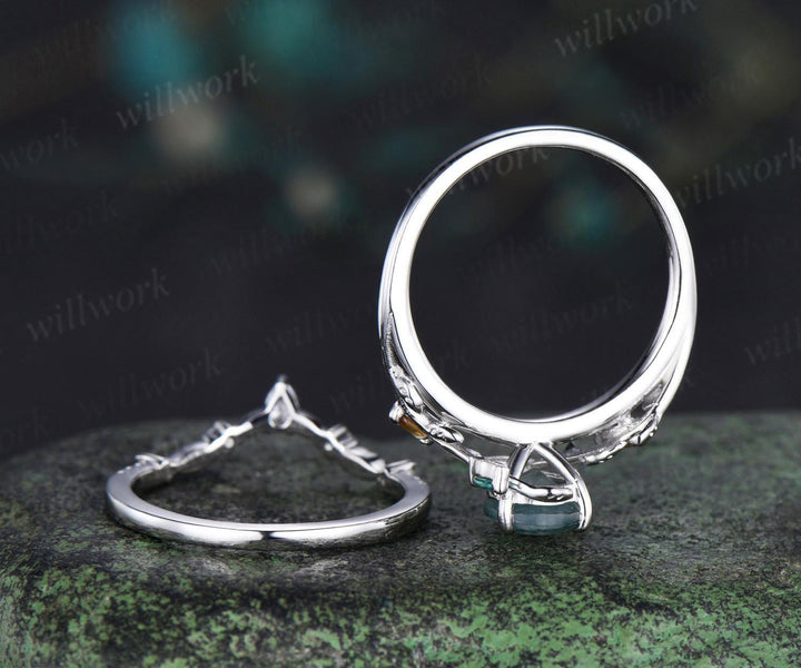 Pear shaped natural moss agate engagement ring emerald citrine cluster leaf nature inspired bridal anniversary ring set women gift silver