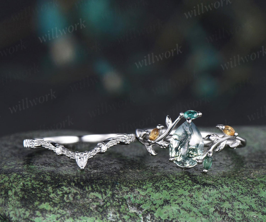 Pear shaped natural moss agate engagement ring emerald citrine cluster leaf nature inspired bridal anniversary ring set women gift silver
