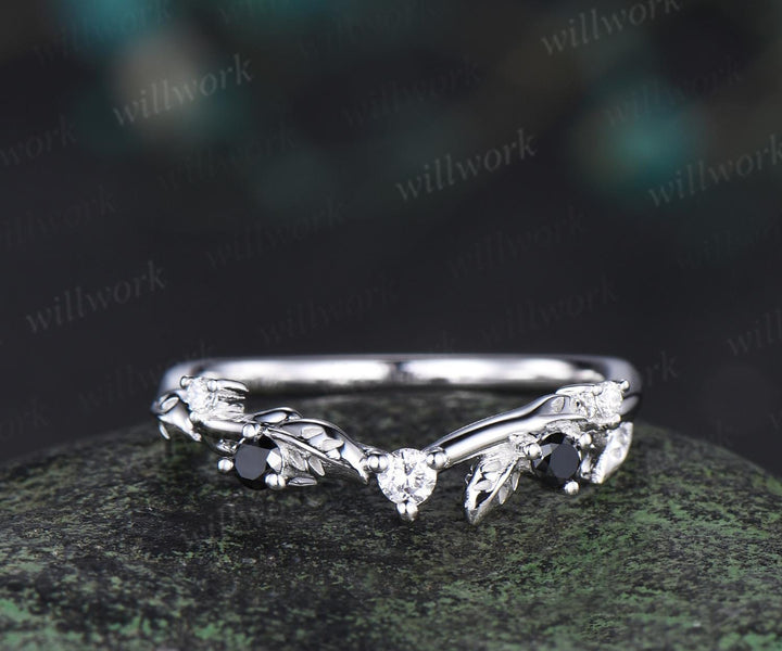 Leaf moissanite wedding band women solid 14k white gold five stone black spinel wedding ring band vintage stacking bridal ring gift