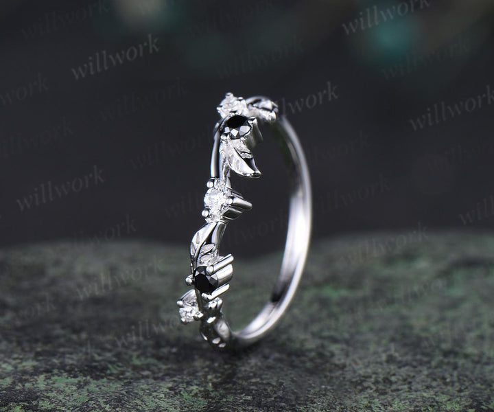 Leaf moissanite wedding band women solid 14k white gold five stone black spinel wedding ring band vintage stacking bridal ring gift