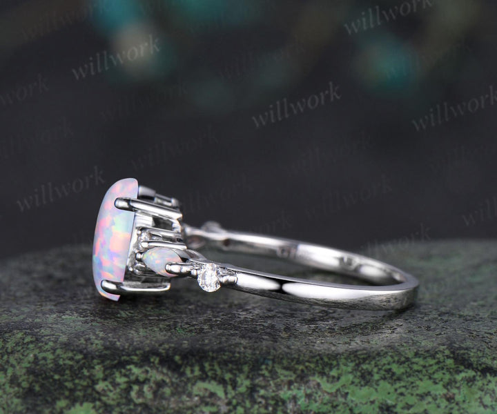 Oval opal engagement ring 14k white gold fire opal diamond wedding ring women October birthstone ring women jewelry