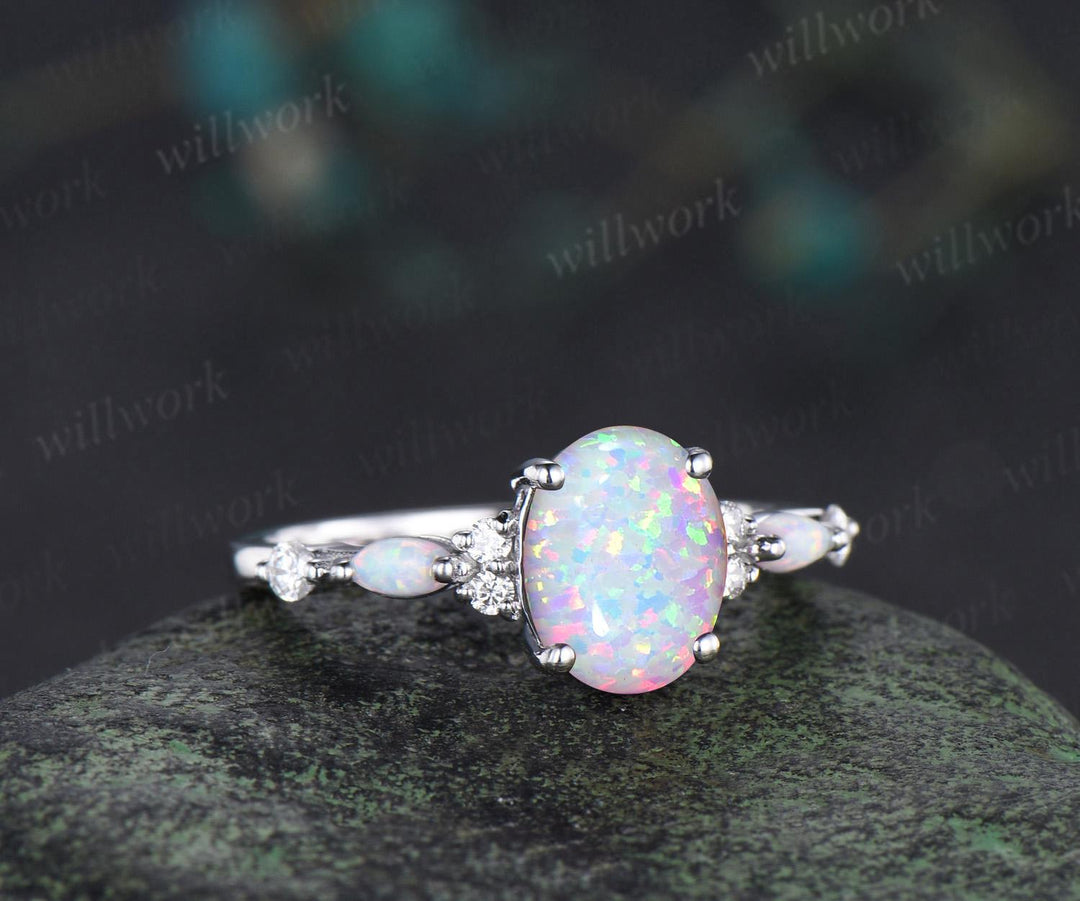 Oval opal engagement ring 14k white gold fire opal diamond wedding ring women October birthstone ring women jewelry