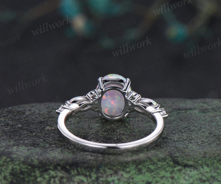 Oval opal engagement ring 14k white gold fire opal diamond wedding ring women October birthstone ring women jewelry